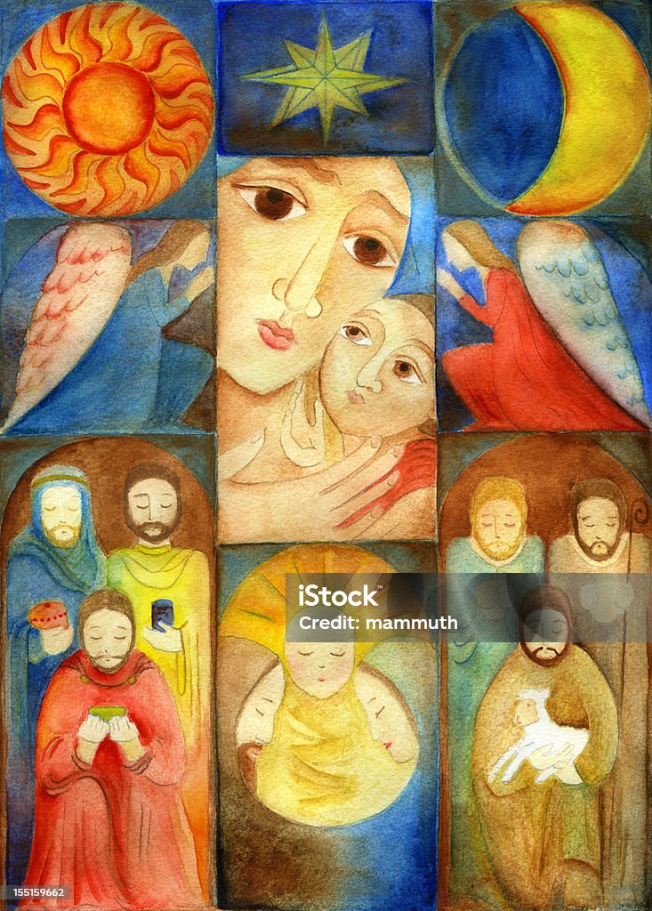 Christmas Nativity Collage Nativity scene, upper part: sun, star of bethlehem, moon, center: angels with Saint Mary, and the baby Jesus, lower part: three wise men, holy family, sepherds. Watercolor painting of my wife (Gabi Kiss) on aquarell paper.  Nativity Scene stock illustration