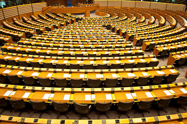 European Parliament Empty Assembly Room Brussels Empty Assembly Room Seat of European Parliament in Brussels, Belgium, Europe. european parliament stock pictures, royalty-free photos & images