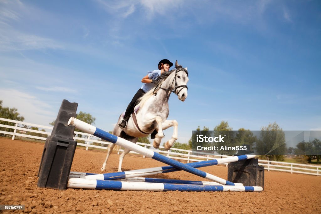 Ritratto di Ragazza adolescente, saltando su un cavallo - Foto stock royalty-free di Cavallo - Equino