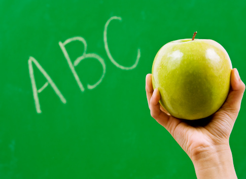 Child's hand holding a green apple with a green board background with a ABC written on it