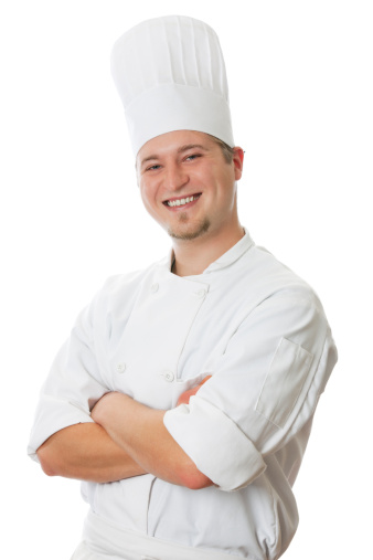 Portrait of happy smiling cook in  white chef's hat and uniform isolated on white background.  You might also be interested in these: