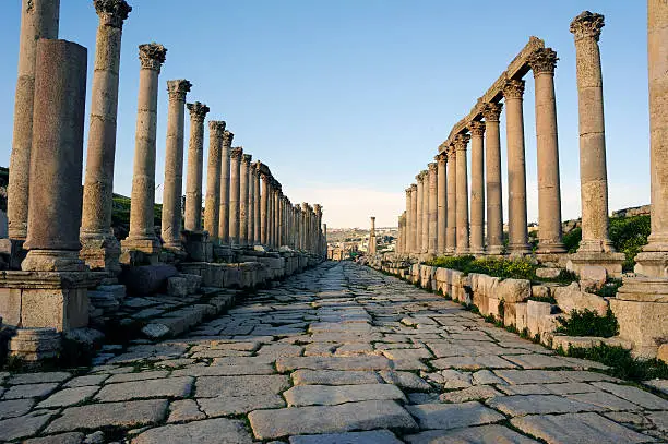 The Cardo Maximus of Jerash in the late afternoon. Jordan