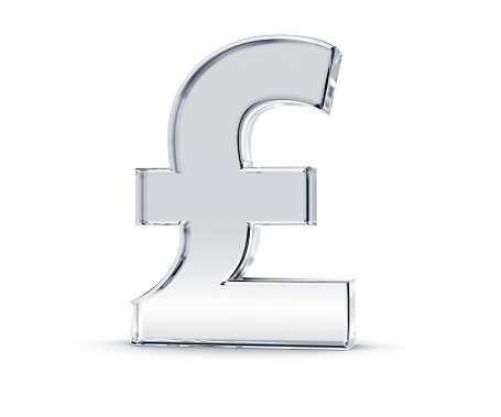 3D rendering of Sterling Pound Symbol made of transparent glass with Shades and Shadow isolated on white background.