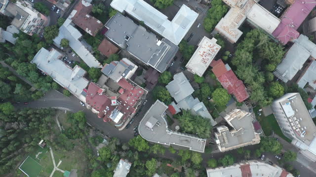 Top down aerial view of Tbilisi City Center urban grid with park