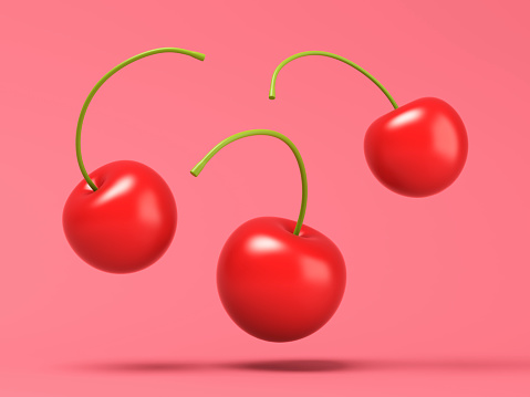 Cherries cartoon style on red background. 3d illustration