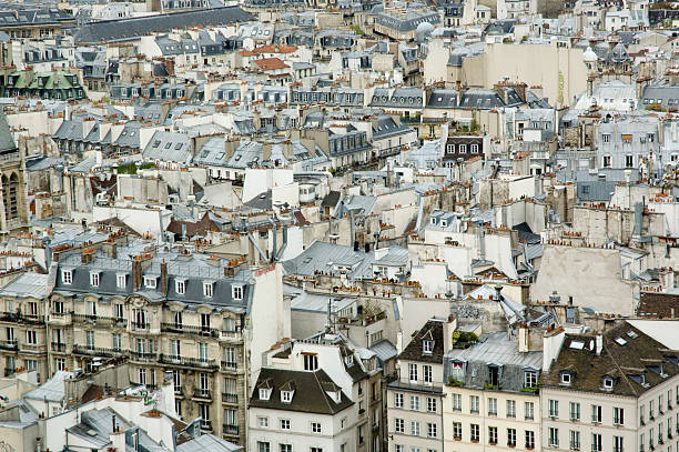 blick auf die dächer von paris, frankreich - paris france roof apartment aerial view stock-fotos und bilder