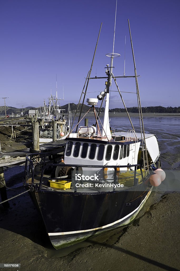 Fishing Boats at Jetty A row of commercial fishing boats sit in the mud at low tide while tied to the dock at Coromandel in New Zealand. In the foreground a modern trawler catches the mid winter morning sun. Blue Stock Photo