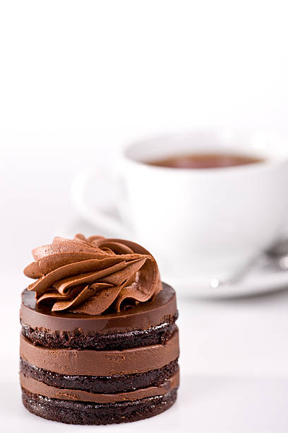 Chocolate cake and tea stock photo