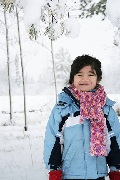istock Little girl under snow covered trees 155171783