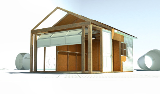 Abstract Rendering of an Old Garage Building Undergoing Structural Renovation Placed on Blueprints