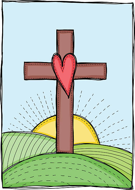 Illustration of cross with heart Religion - cross with heart, hills and sun illustration cross shape cross religion christianity stock illustrations