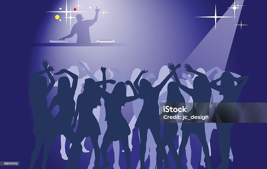 Silhouettes of women dancing at a club with DJ in background A ton of individual silhouettes on the dance floor rockin' to the music. They can be used separately if needed. Bonus color files are included from the preview. DJ stock vector