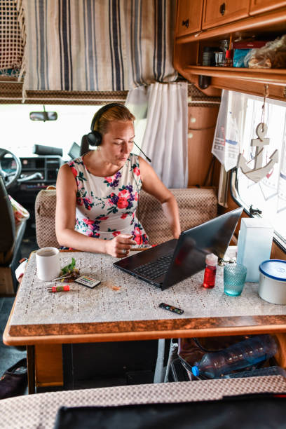 istock Blond Female Dispatcher Working From RV 1551743758
