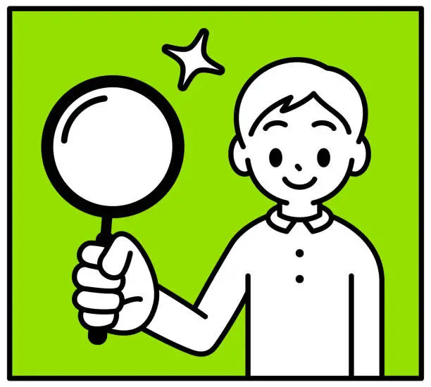Vector illustration of A boy holding a magnifying glass, looking at the viewer, minimalist style, black and white outline, problem finding, and problem-solving