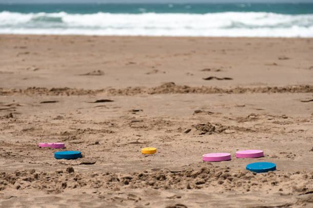 istock Colorful shuffleboard chips on the sand at the beach 1551884408