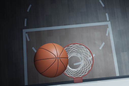 Top view basketball hoop on empty dark background 3d illustration