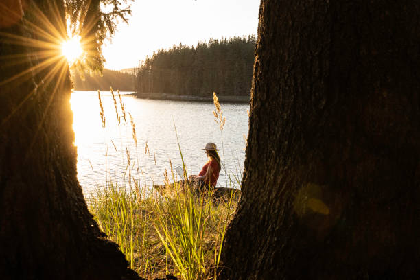 istock People and nature. Pregnant freelancer working on laptop at lakeshore. 1551926049
