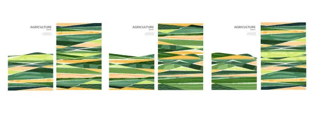 Vector illustration of Trendy agriculture field template or farm card background. Nature or hill pattern layout, spring countryside poster, ecology flayer. Summer nature backdrop, organic design set. Abstract eco mountain