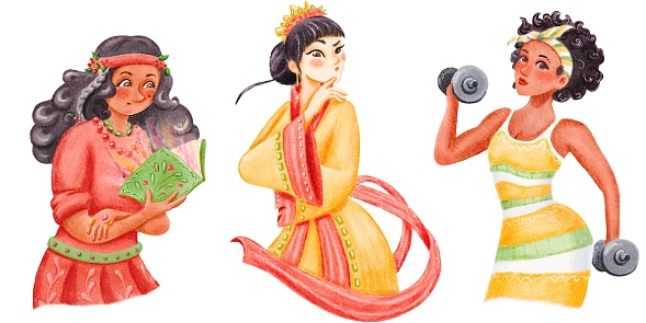 Set of girls. Beautiful Chinese princess in national dress, Charming stylish athletic African American student, witch with a magical glowing book. Halloween Costume. Watercolor isolated illustration.