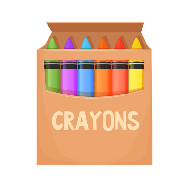 illustrations, cliparts, dessins animés et icônes de crayons de cire dans une boîte en carton de style dessin animé isolé sur fond blanc. palette préscolaire, crayons pour l’éducation. illustration vectorielle - crayon pastel