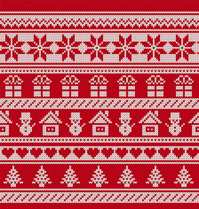 Fair isle ornament with snowflake, gingerbread man, tree, snowman, gift box, house. Festive Xmas ugly elements. Christmas knit seamless pattern. Sweater xmas border. Knitted print. Vector illustration
