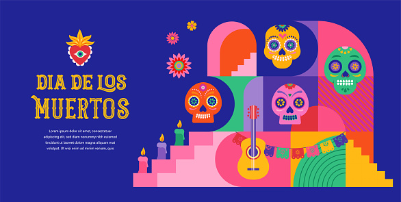 Dia de los muertos, Day of the dead, Mexican holiday, festival. Vector poster, banner and card in modern geometrical style, with skulls, church, guitar and flowers. Vector illustration