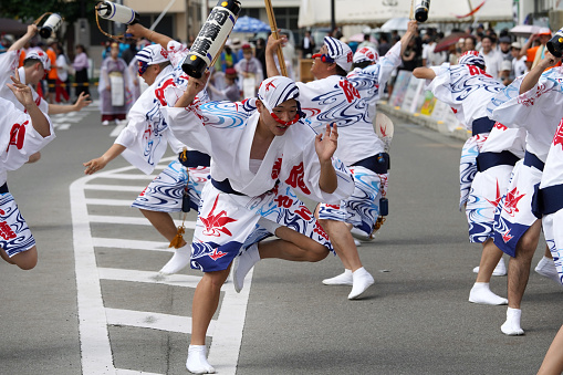Kagawa, Japan - July 15, 2018: Japanese performers dancing in the famous Awa-odori Festival, Awa-odori is a unique style of Japanese dance event.