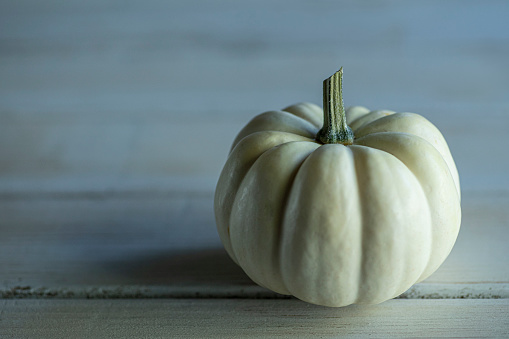 This is a close up photo of three white pumpkins on a wood table background. There is space for copy. This is a nice high key image that would work well for autumn, Thanksgiving and a holiday Halloween season in the fall.