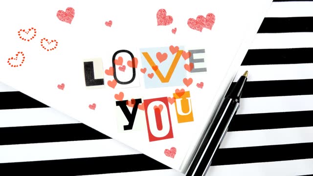 Love you text, cut paper letter , animated flying red hearts,  Valentines Day card , Teenager style, cartoon style