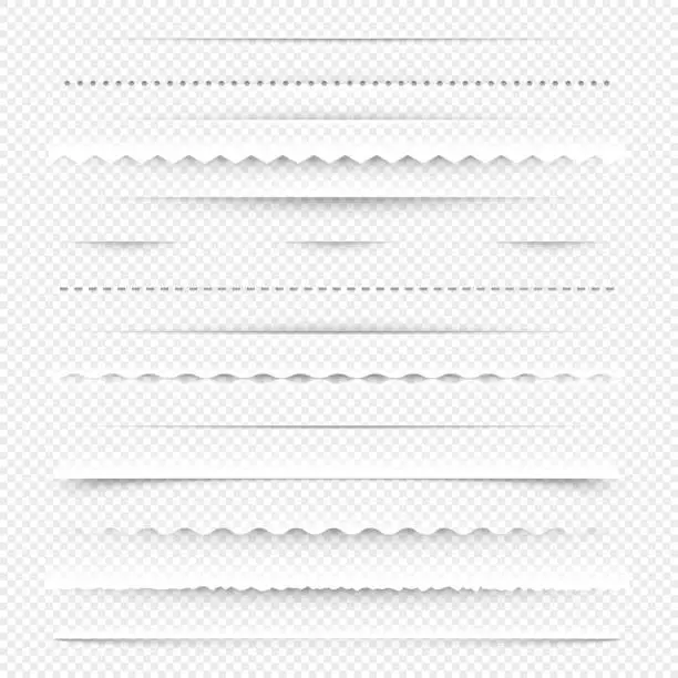 Vector illustration of Horizontal dividers. Diagonal borders with holes and gaps for layout design, white stitch line elements. Vector isolated set