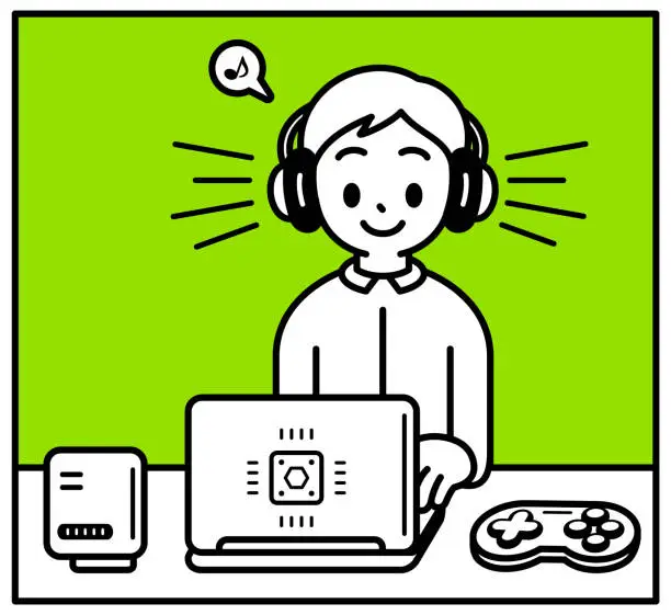 Vector illustration of A boy wearing headphones, sitting at a desk and using a laptop, playing video games, minimalist style, black and white outline