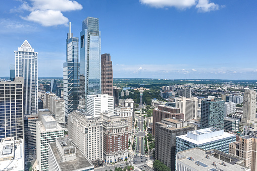 Center city Philadelphia, high rise view with blue sky.