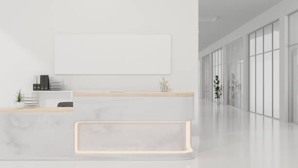 istock Modern luxurious white reception area or lobby with a modern white marble reception counter. 1552177813