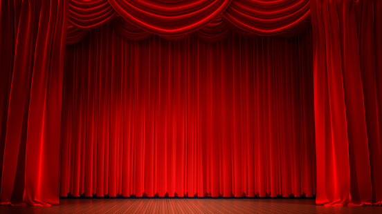 Empty stage for performances and red curtain. 3d illustration