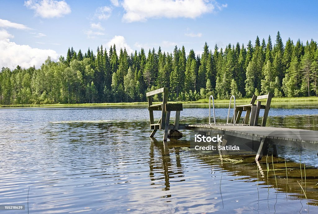 Jetée sur le lac en journée d'été. La Finlande - Photo de Arbre libre de droits