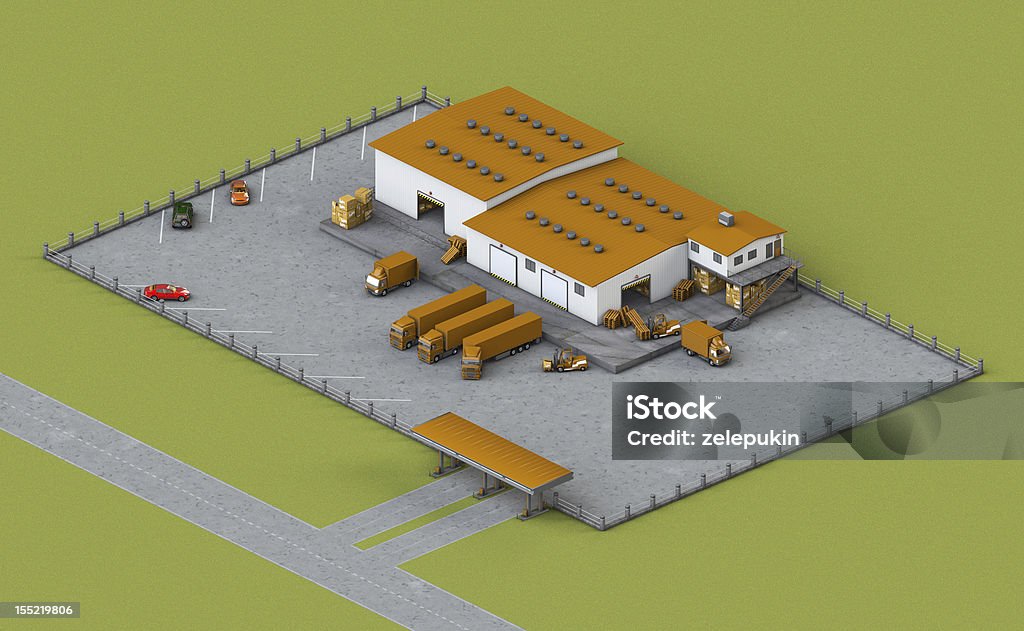 Illustrazione di infrastruttura magazzino con caricatore e Autocarro, scatole - Foto stock royalty-free di Assonometria