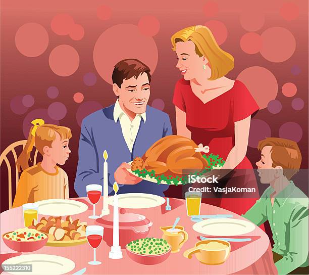 Família Feliz No Jantar De Ação De Graças - Arte vetorial de stock e mais imagens de Jantar - Refeições - Jantar - Refeições, Natal, Dia de Ação de Graças