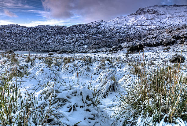 Snow in mountains Tramuntana on Mallorca island,view on rocks with snow, sky, clouds and shadows  