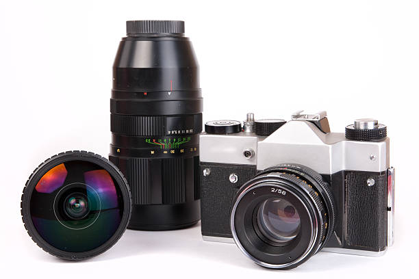 istock Retro SLR camera with set of lenses 155226508