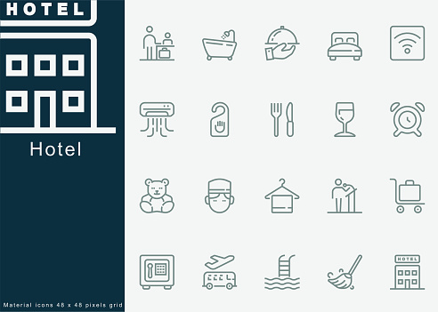 Hotel, Service,  Luxury, Hotel Reception, Airport Bus, Restaurant, Bed, Towel, Support, Swimming Pool, Location, Beach, Key, Breakfast, Receptionist, Hostel, Wifi, Drink.For Mobile and Web.Line Icons