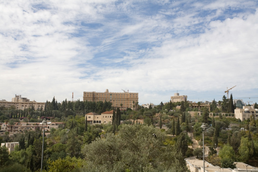 Sky line of Jerusalem as seen from the Old City with King David Hotel in the center.