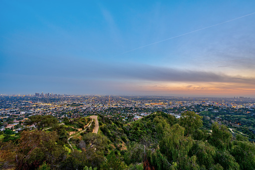 View over Los Angeles with the downtown skyline after sunset