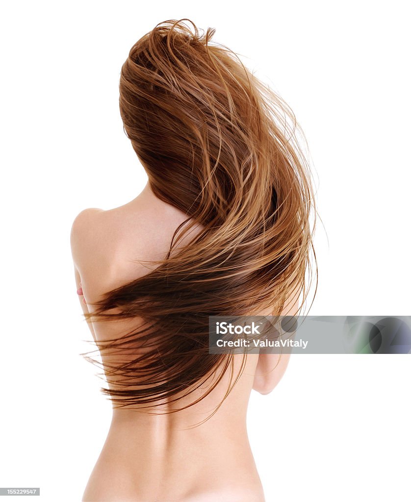 beauty straight female hairs in wave shape Rear view of the young female with beauty straight long hairs in wave shape - on a white Human Hair Stock Photo