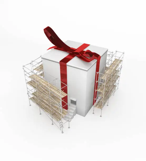 Gift 3d, big wrapped box with a doorway, isolated, over white