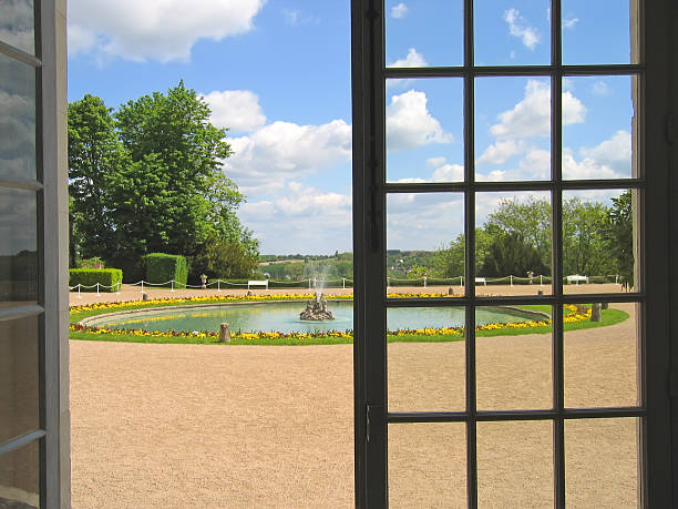 View on the garden through large window stock photo