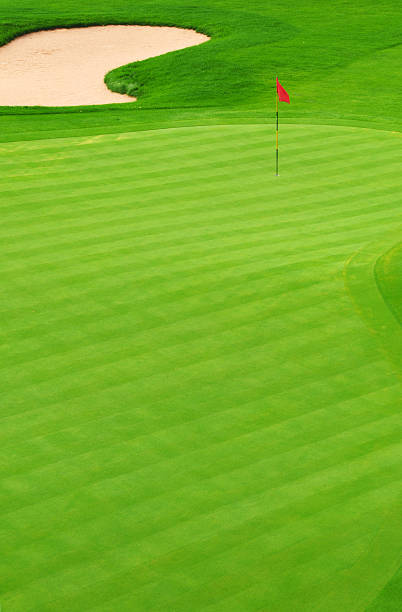 Golf green with sand bunker and red flag marking hole stock photo