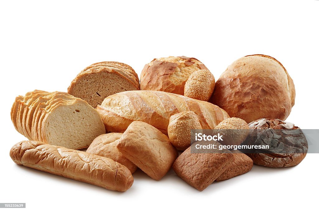 Group of different bread products Various baking isolated on white background. Baguette Stock Photo