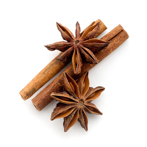 istock Two sticks of cinnamon with two star anise placed on top 155234536