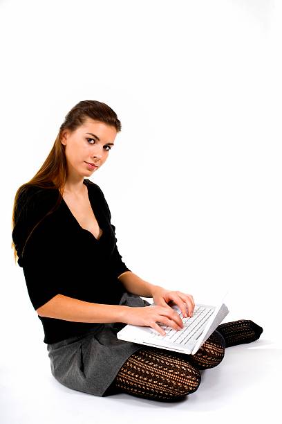 istock Beautiful Caucasian girl with white laptop 155234663
