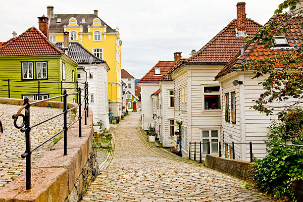 Part of the old town in Bergen with wooden houses and narrow streets.